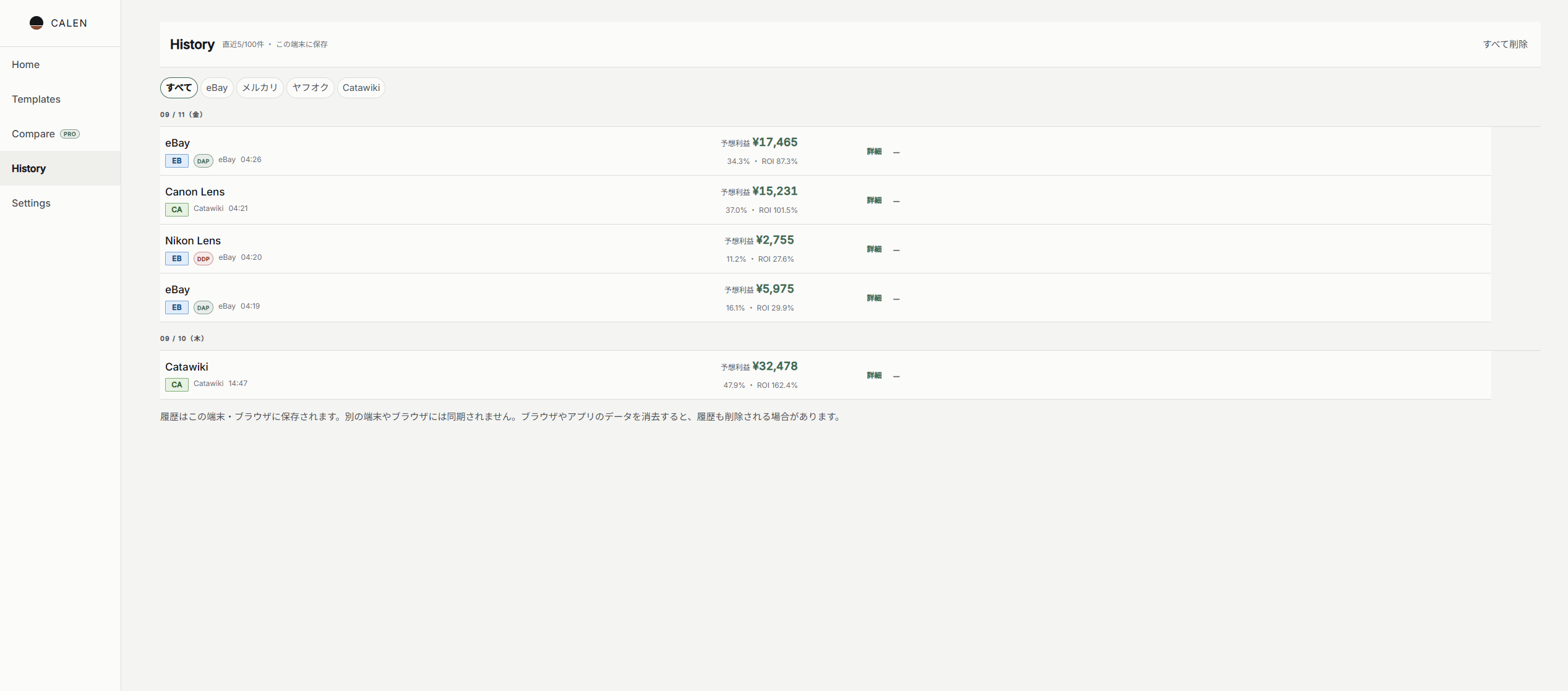 CALEN Profit Checkの履歴画面。端末内に保存された計算結果を販路ごとに表示している